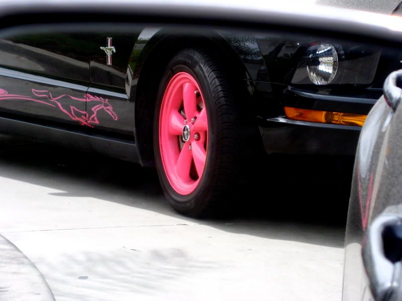 this is what a mustang looks like with neon pink wheels