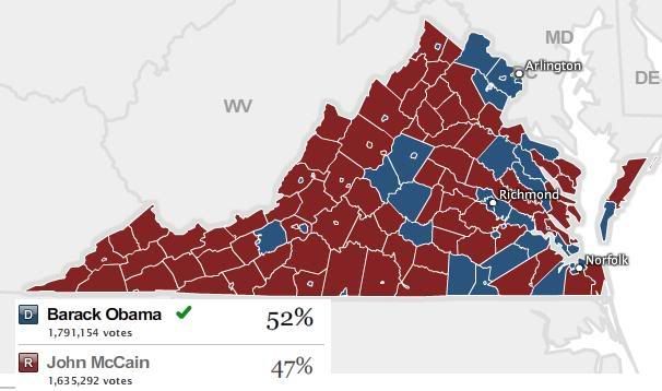 Virginia 2008 U.S. election map