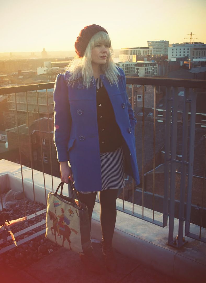Attic people what I wore outfit of Blue Pea coat” Title=